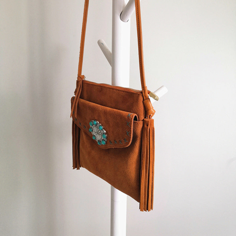 Women's Fleece Vintage Floral Fringe Messenger Bag