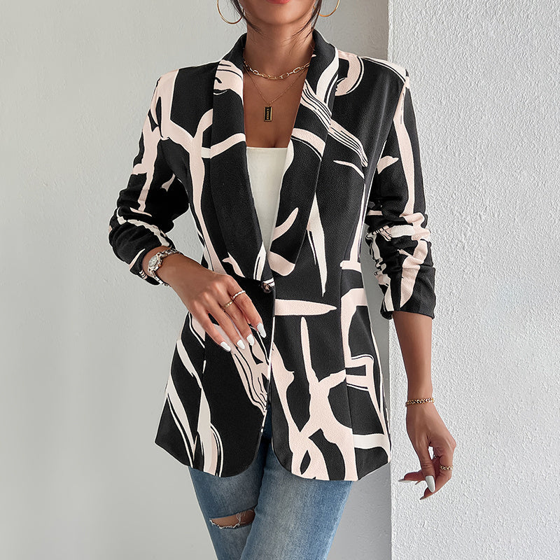 Chaqueta de trabajo para mujer con estampado abstracto, botones y manga larga