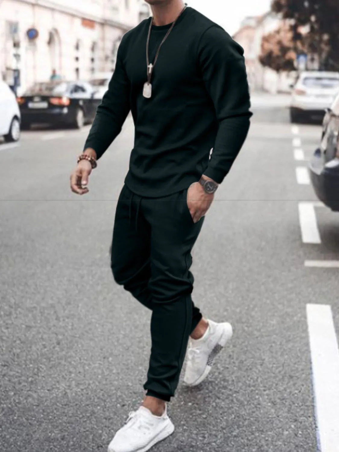 Conjunto de camiseta de manga larga con cuello redondo y pantalón para hombre, talla grande