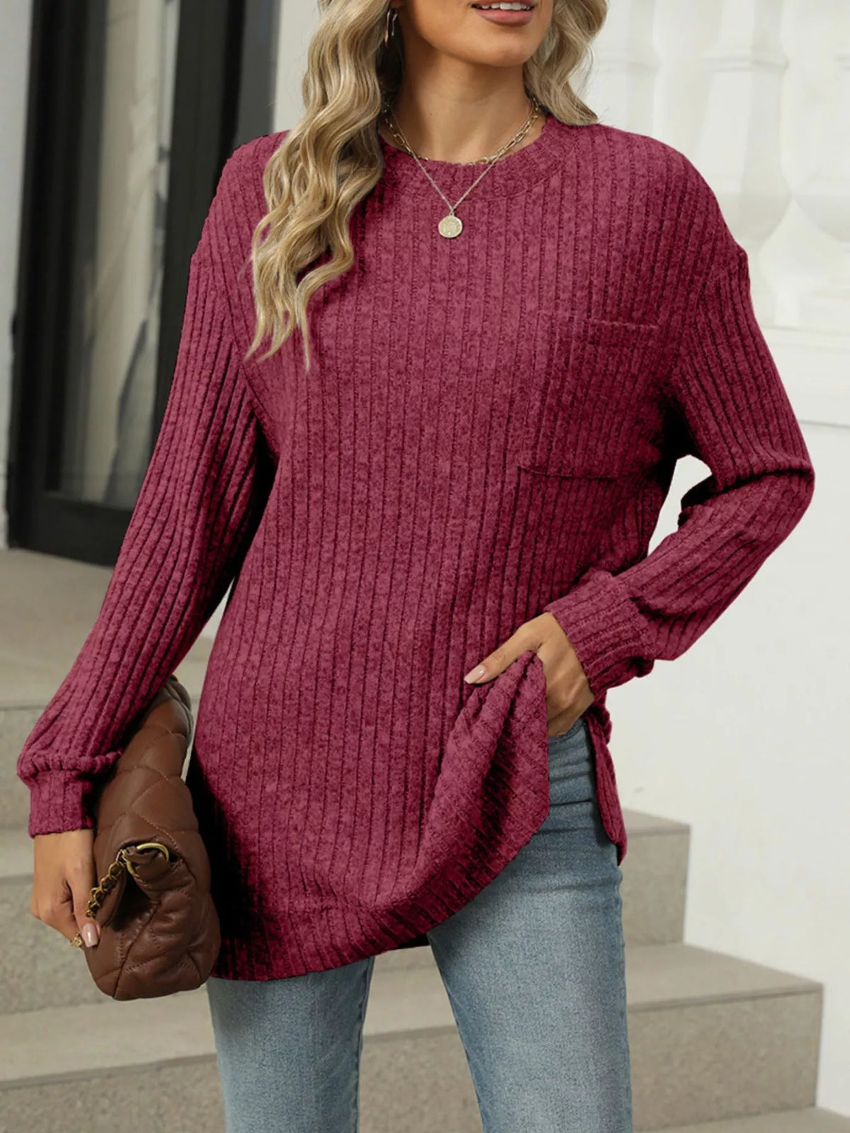 Ribbed Knit Round Neck Sweater