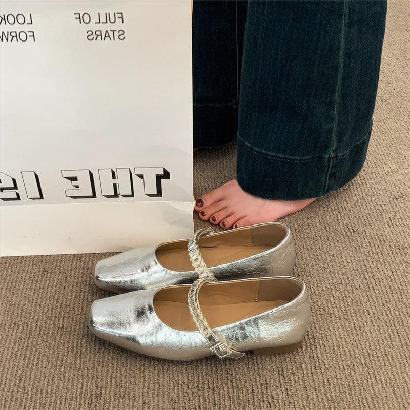 Women Minimalist Elegant Metallic Leather Flats, Square Toe Single Crystal Rhinestone Strap Slip On Lightweight Flat Casual Office Commuting Dress Shoes