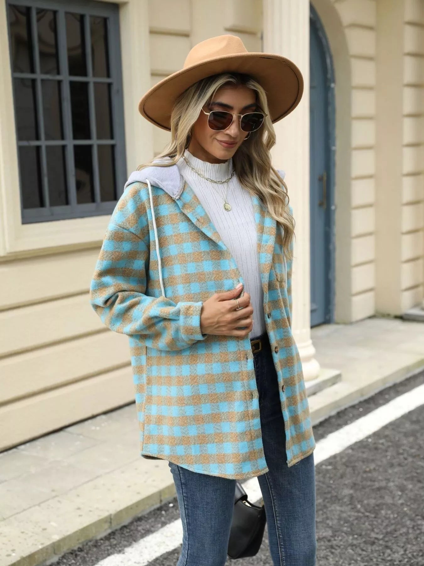 Plaid Button Up Long Sleeve Drawstring Hooded Jacket