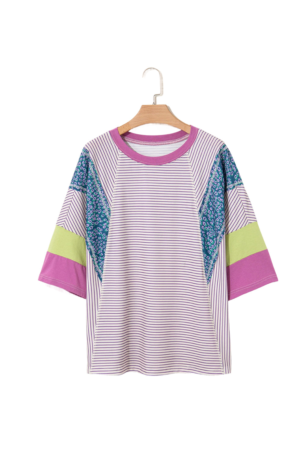 Blusa de manga tres cuartos con bloques de color florales a rayas moradas y parches con bordes sin rematar