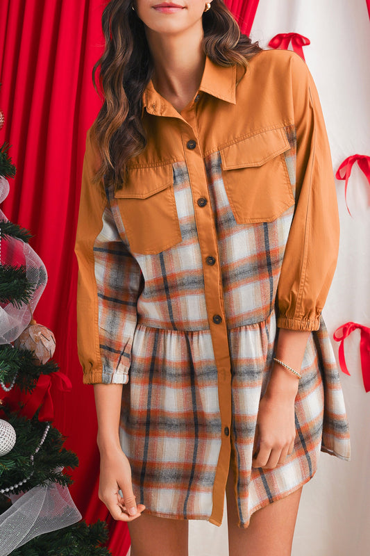 Vestido camisero tipo túnica con volantes en el dobladillo, de retazos colorblock a cuadros caqui