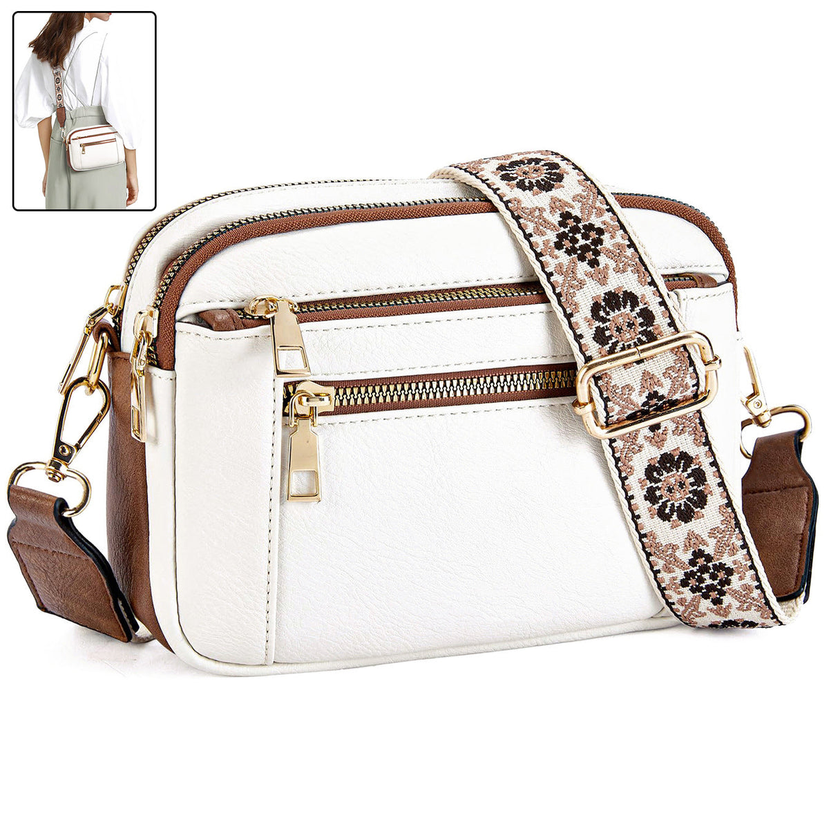 Women's Triple-Zipper Crossbody Bag with Floral Embroidered Strap
