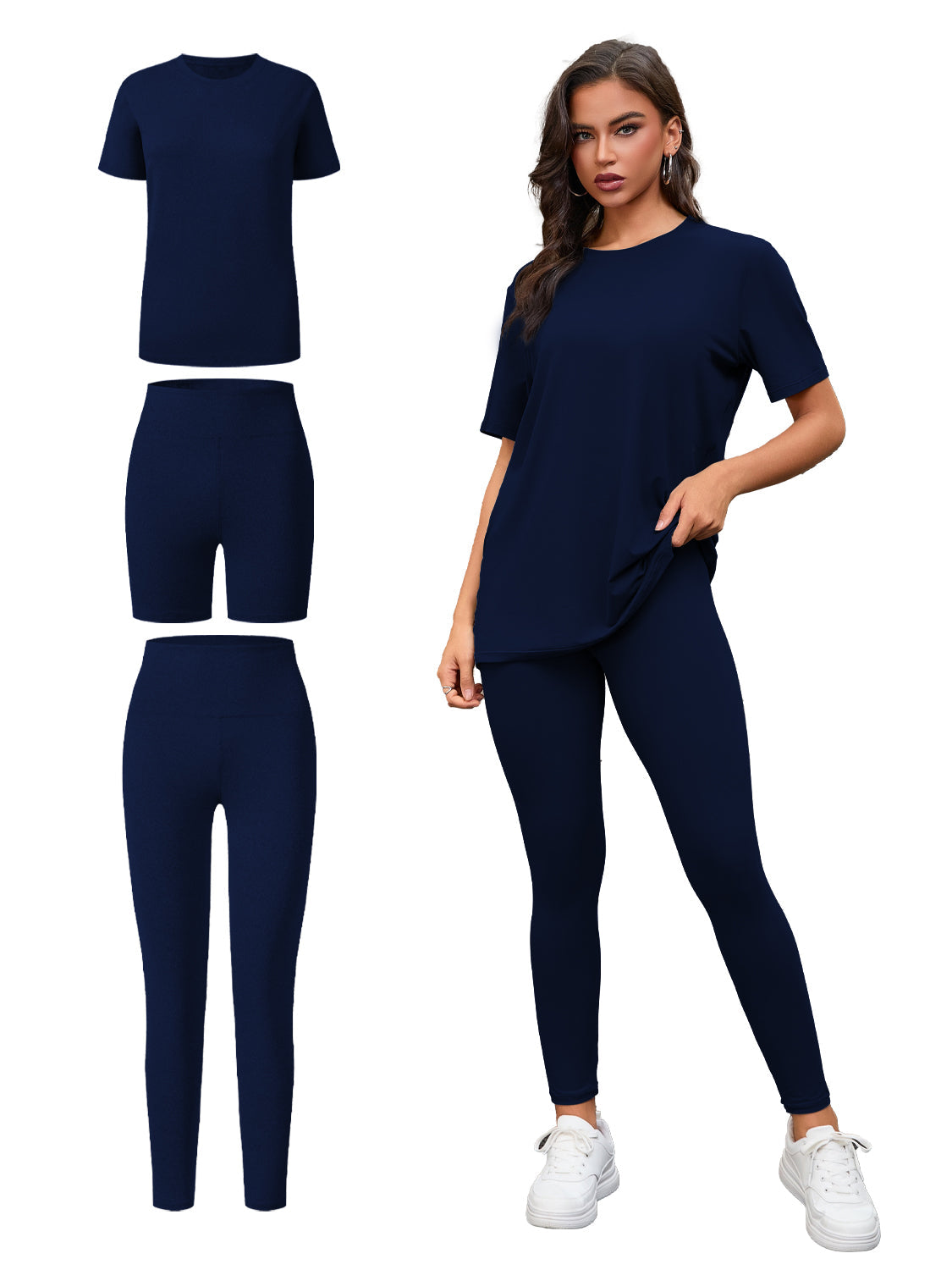 Conjunto de Tres Piezas, Top de Manga Corta de Cuello Redondo y Conjunto de Pantalones Cortos y Largos, Ropa Deportiva e Informal. Consulte la tabla de tallas en "más detalles"