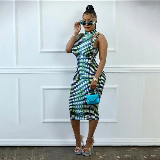 Sleeveless Patchwork Stretch Wrap-around Slim Fit Dress For Women