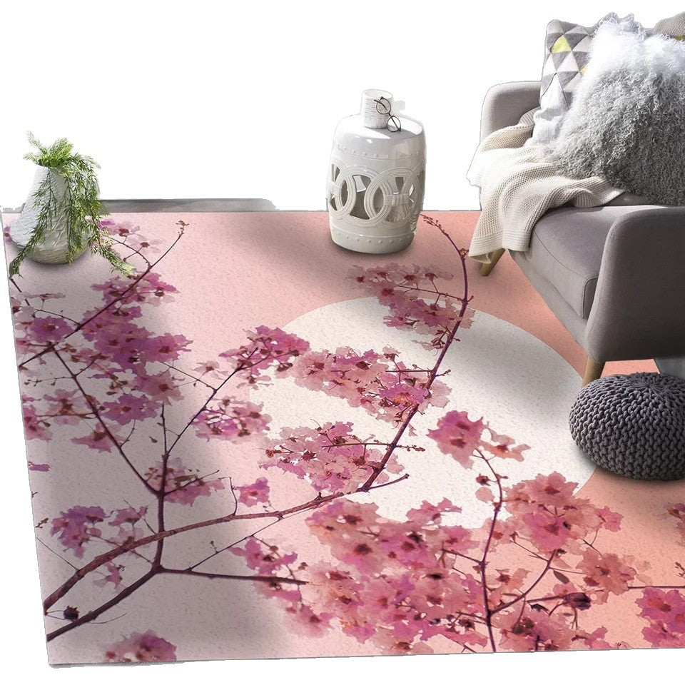 Pastel Cherry Blossom And Crescent Moon Non-Slip Flannel Floor Mat Home Rug Decoration