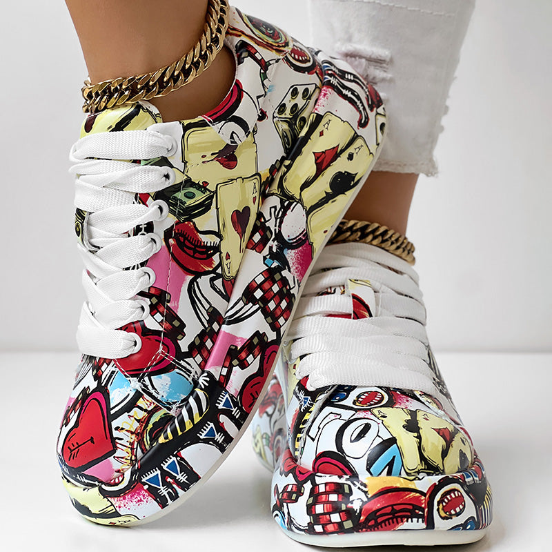 Women's Casual Round Toe Thick Sole Lace-Up Sneakers, Random Print Design, Comfortable Sporty Shoes For Daily Wear See size chart under “more details”