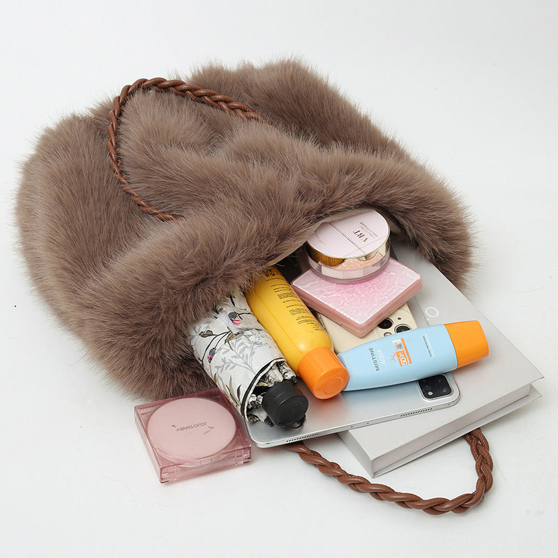 Pleated Faux Fox Fur Shoulder Bag