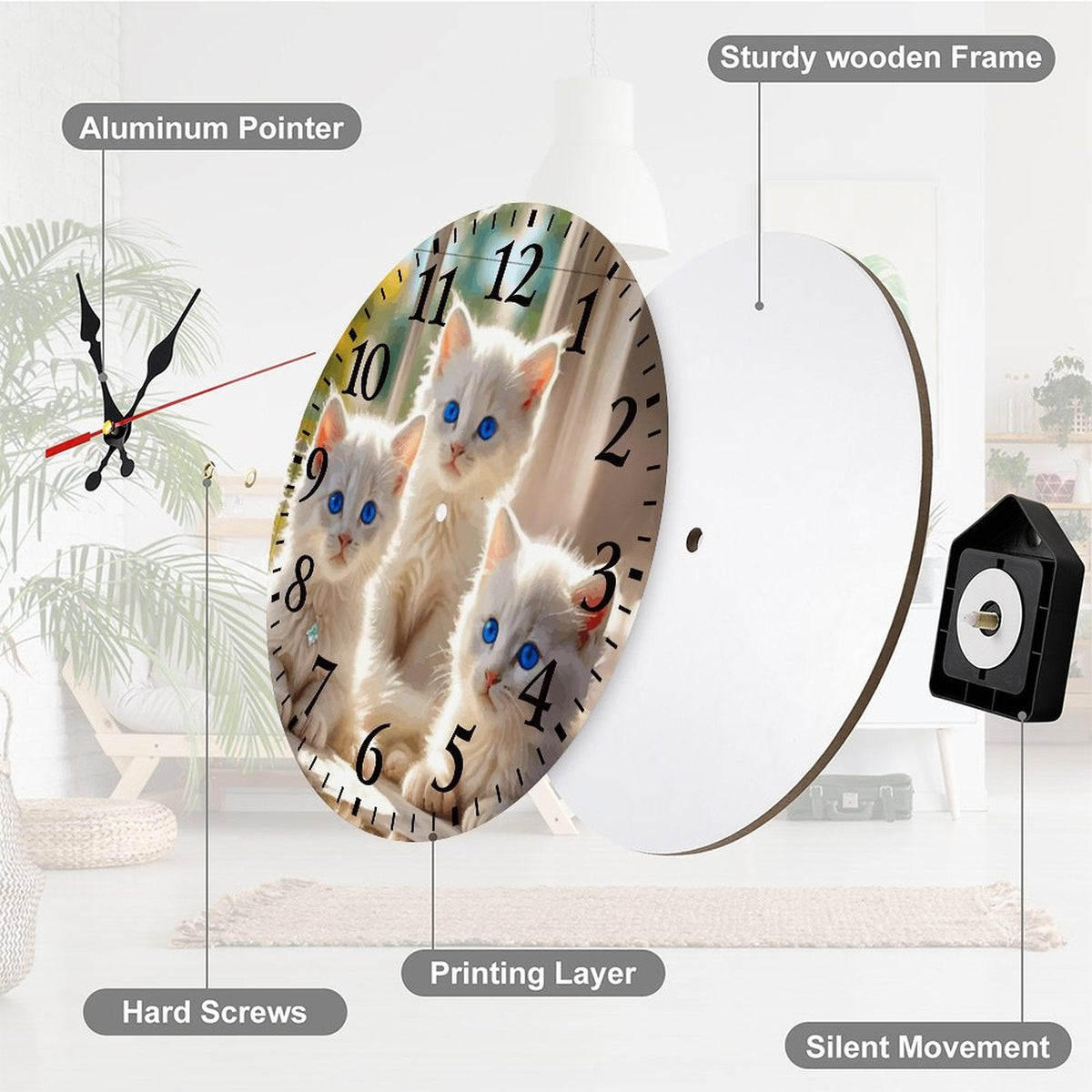 Fluffy White Kittens with Blue Eyes Modern Wooden Wall Clock