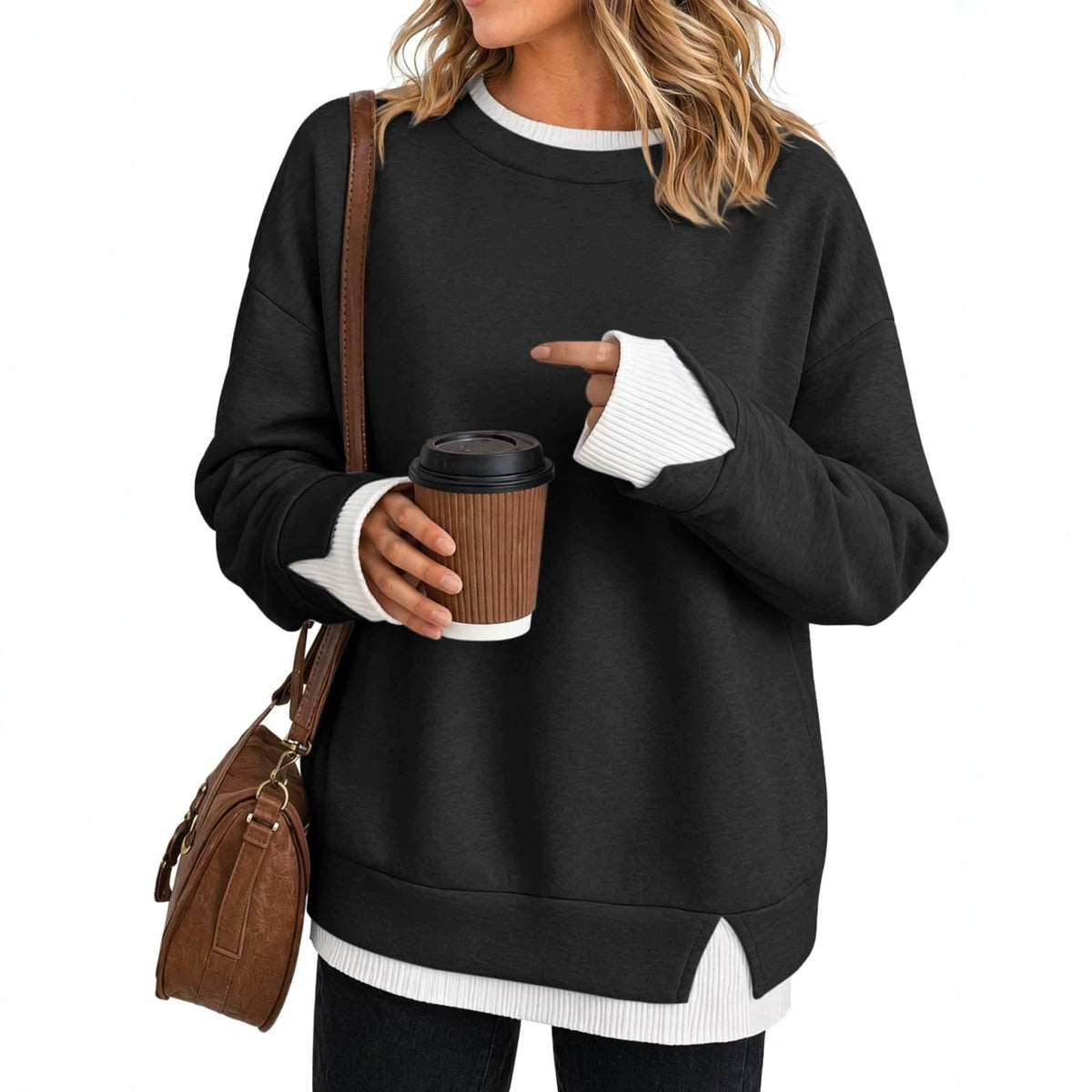 New Fallwinter Womens Crew-neck Color-block Long-sleeve Sweatshirt