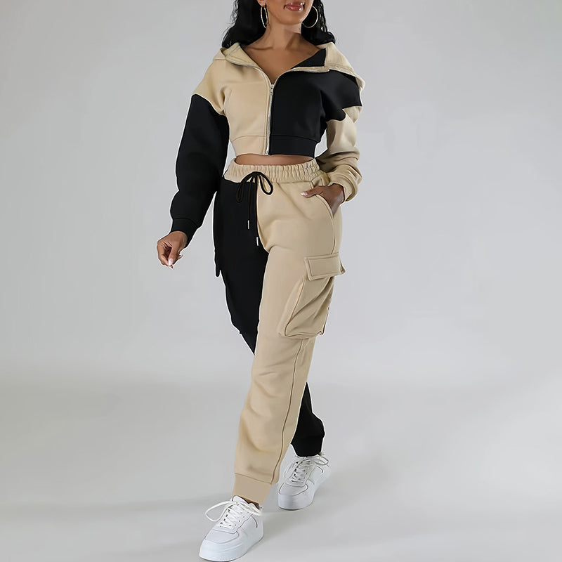 Women's Color Block 2 Piece Set, Full Zip Up Cropped Hoodie Jacket & Drawstring Cargo Pants, Casual Streetwear Outfit See size chart under “more details”