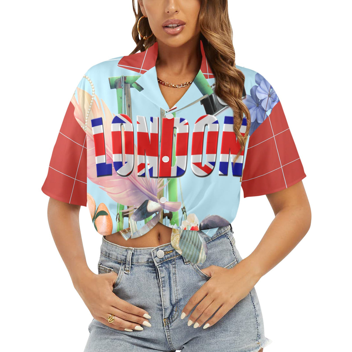 Island Vibes Meet City Chic: Women's London Print Hawaiian Shirtb