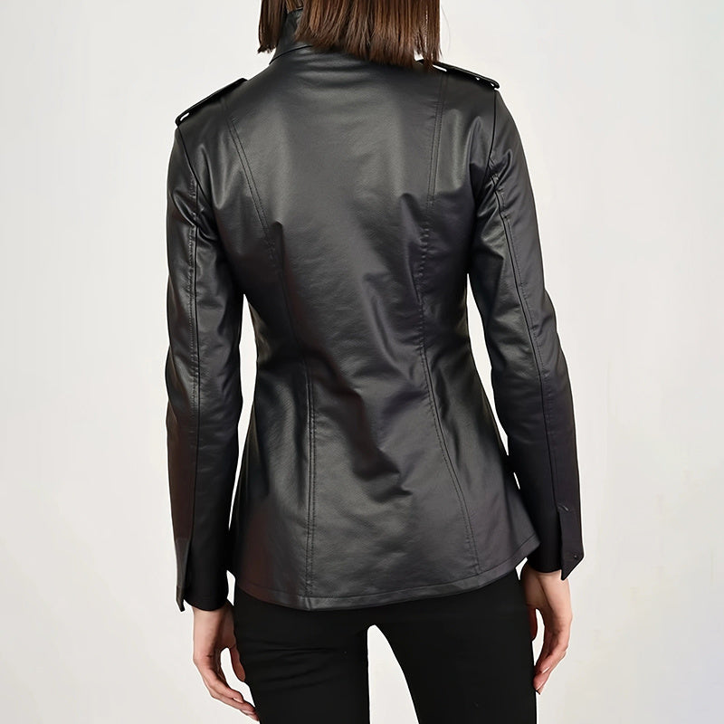 Chaqueta de PU estilo vintage - Abrigo de cuero tipo cárdigan abierto de largo medio con bolsillos