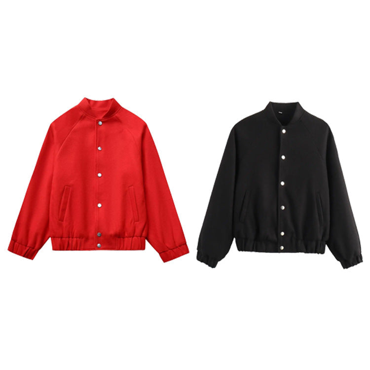 Womens Fashionable Round-Neck Solid-Color Wool Coat