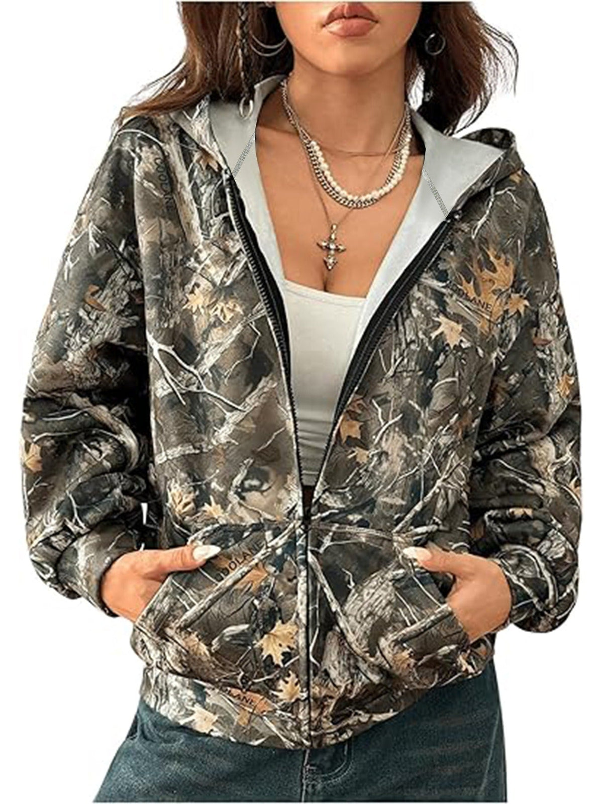 Women's Autumn Camouflage Loose Long Sleeve Jacket, Trendy Maple Leaf Print Versatile Casual Outerwear