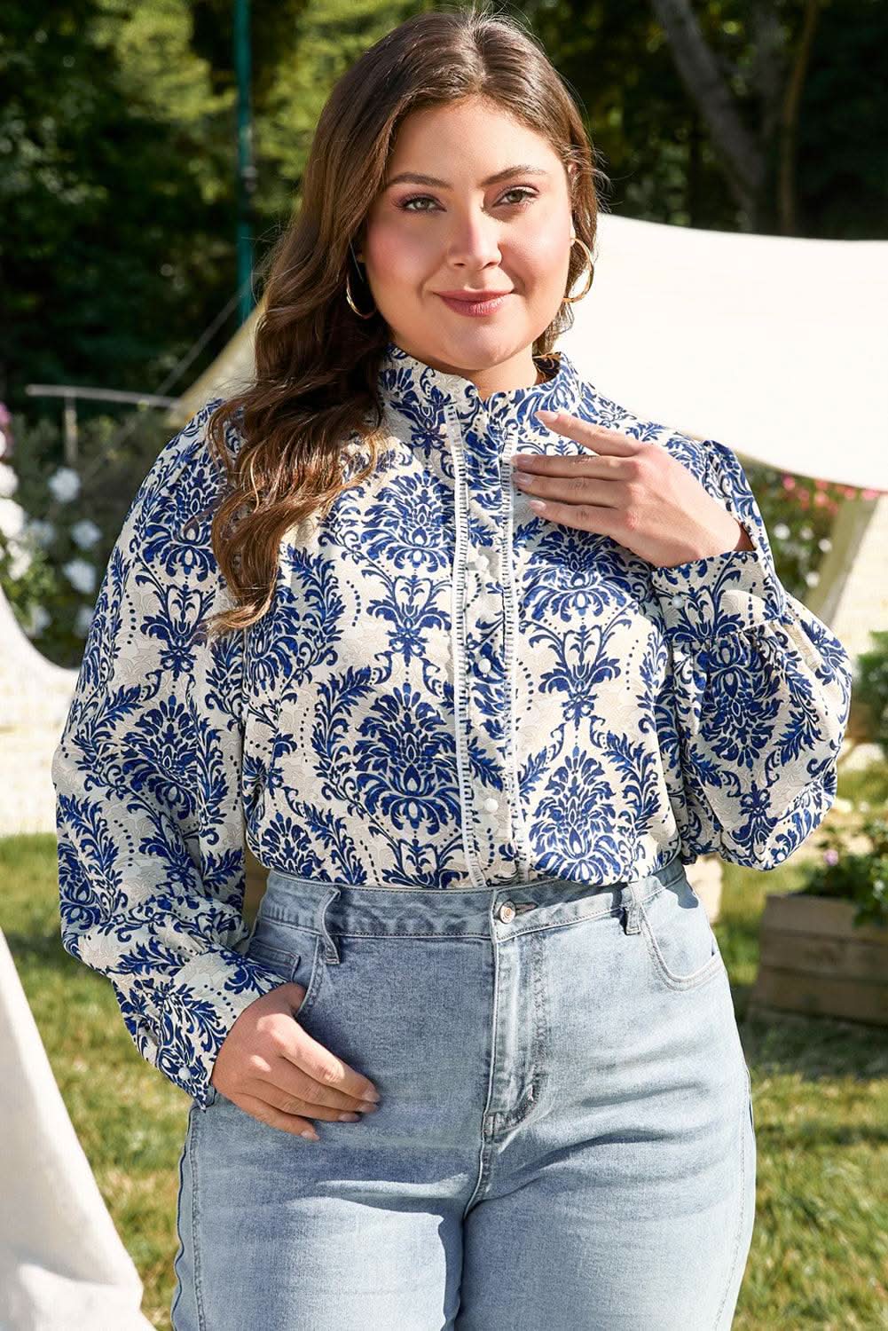 Love Salve Tribal Print Plus Shirt Sky Blue — Versatile Woven Top