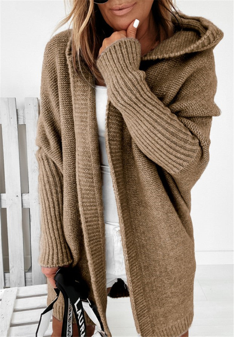 Ins Knitted Hooded Cardigan Fashion Loose Solid Color Batwing Sleeve Sweater Autumn And Winter Women's Clothing