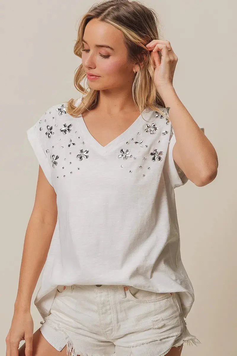 Women's Tops Women's Top - Slub Rhinestone V-Neck - Comfy Fit