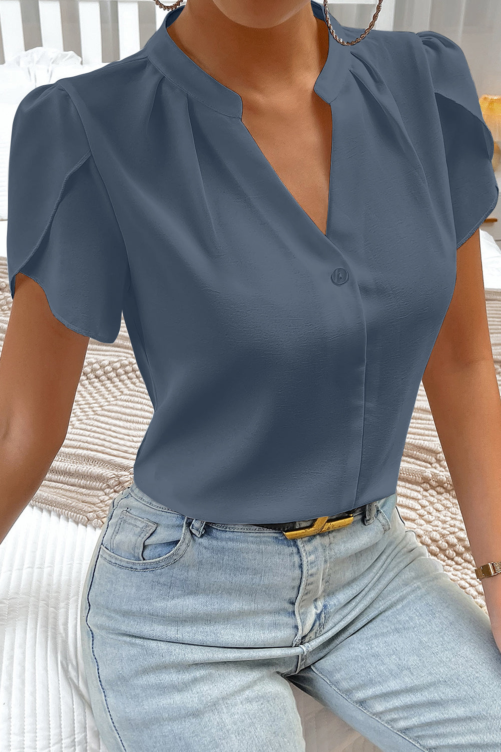 Rose Red Silky Notched Neckline Petal Sleeve Blouse