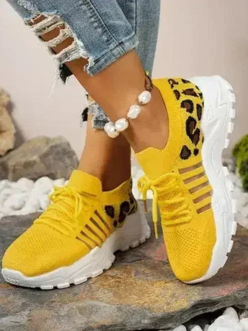 Cutout Leopard Lace Up Mesh Athletic