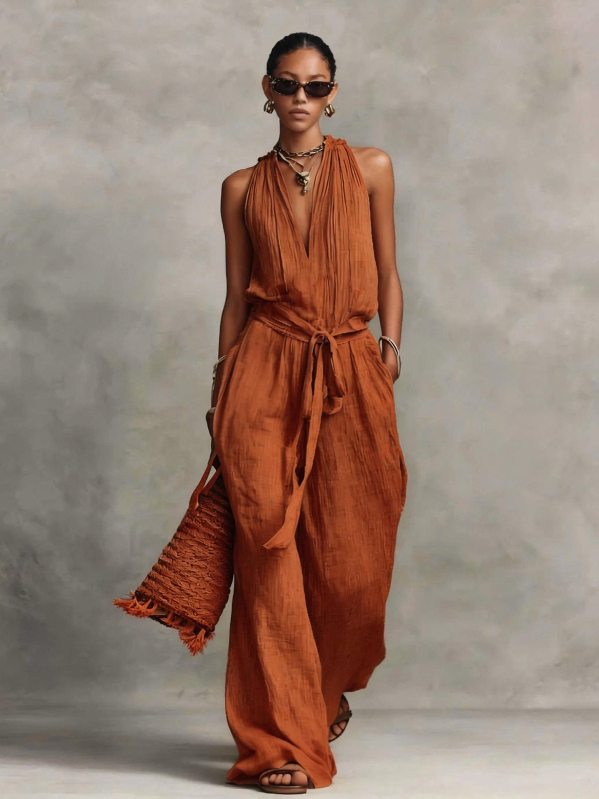 Women's Casual Belted Sleeveless Cotton-blend Jumpsuit