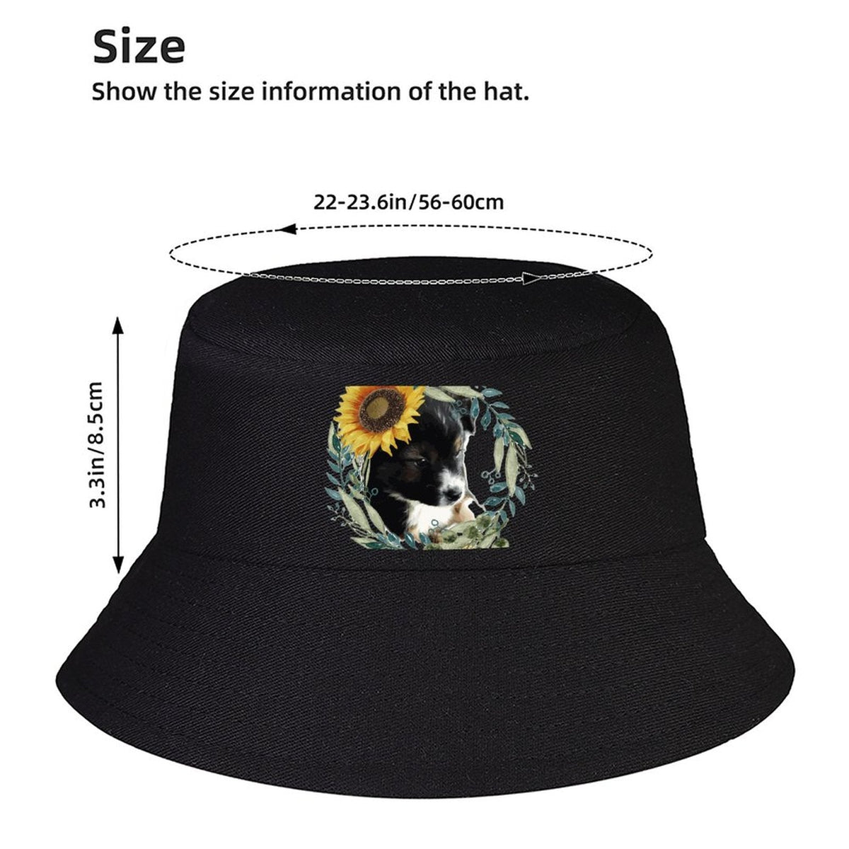 Black Bucket Hat with Cute Puppy for Women & Men (Front Printing)