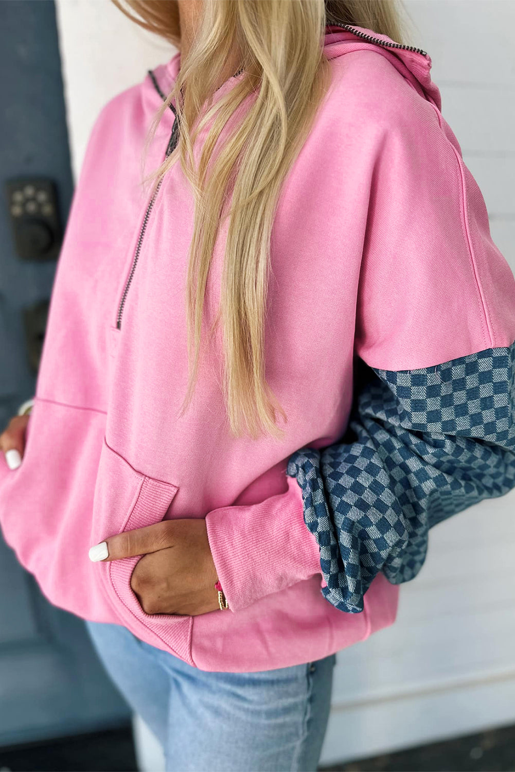 Sudadera con capucha con media cremallera y bolsillo canguro, con diseño a cuadros y retazos, Bonbon
