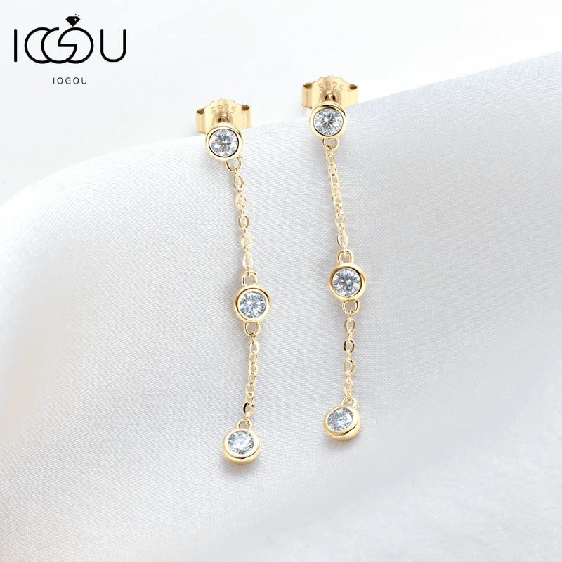 Three-Stone Bezel Moissanite Chain Drop Earrings in Silver