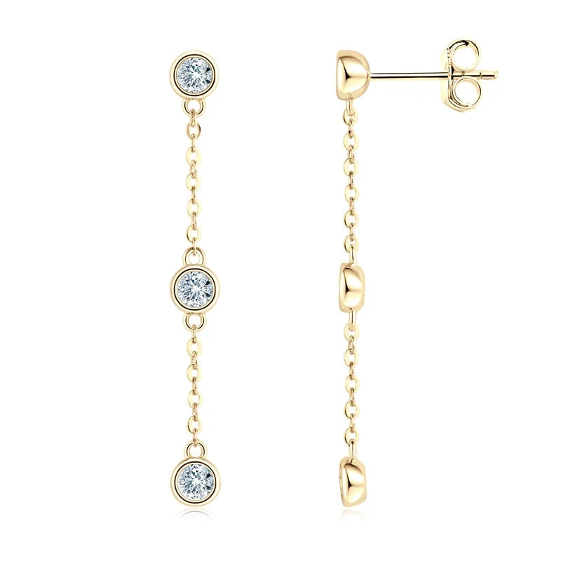 Three-Stone Bezel Moissanite Chain Drop Earrings in Silver