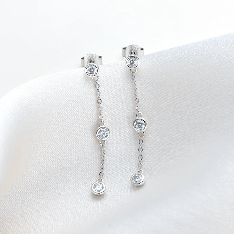 Three-Stone Bezel Moissanite Chain Drop Earrings in Silver