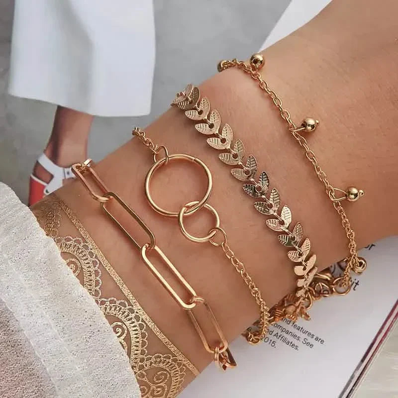 4-Pieces: Vintage Leaf Pendant Hand Chain Bracelet Set For Women