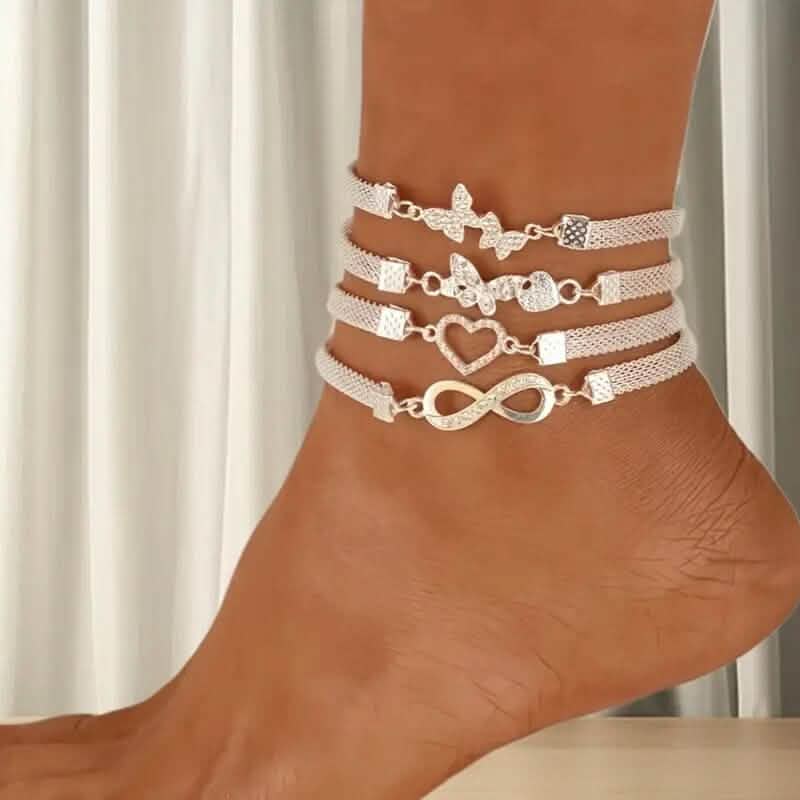 4-Pieces: Wide Edge Chain Anklets Set