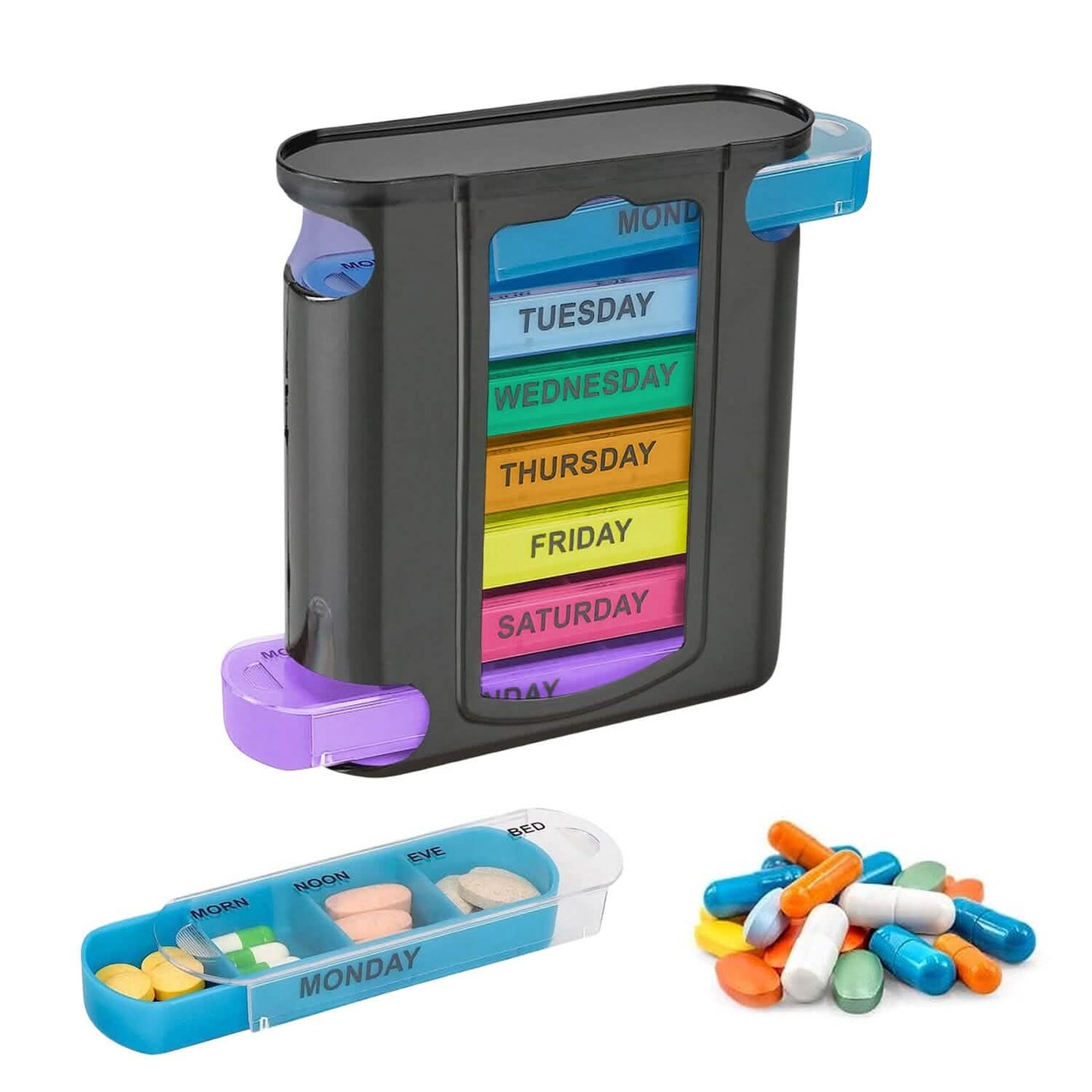 4 Times A Day, Black 7 Day Stackable Daily Pill And Medicine Organizer