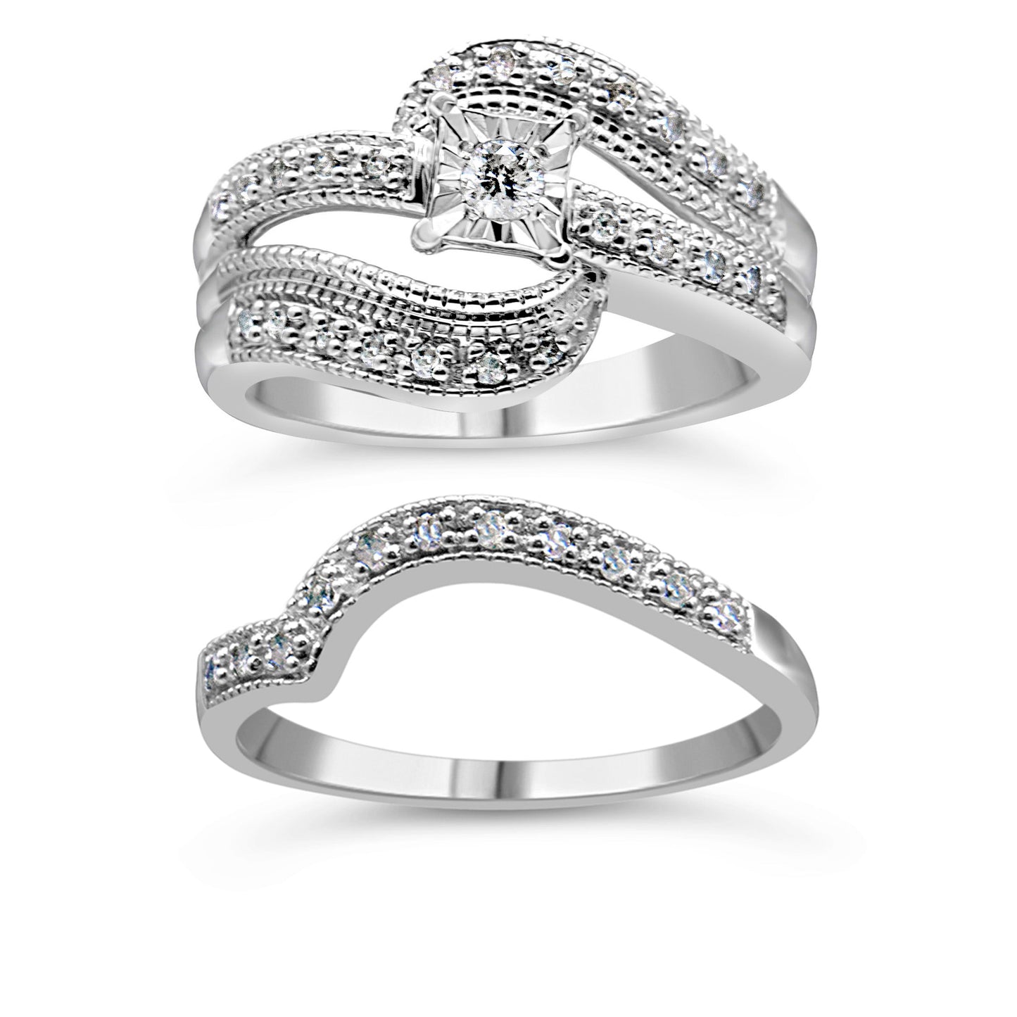 .925 Sterling Silver 1/3 Cttw Round Diamond Crisscross Engagement Ring Bridal Set (H-I Color, I1-I2 Clarity ) - Size 7