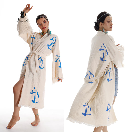 Bata Kimono Artesanal con Estampado de Gaviota en Algodón Orgánico - Caftán Bohemio de Playa
