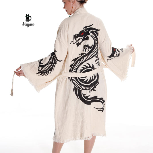 Bata de baño bohemia de algodón – Bata kimono de algodón orgánico para mujer, bata de dragón y pareos de playa
