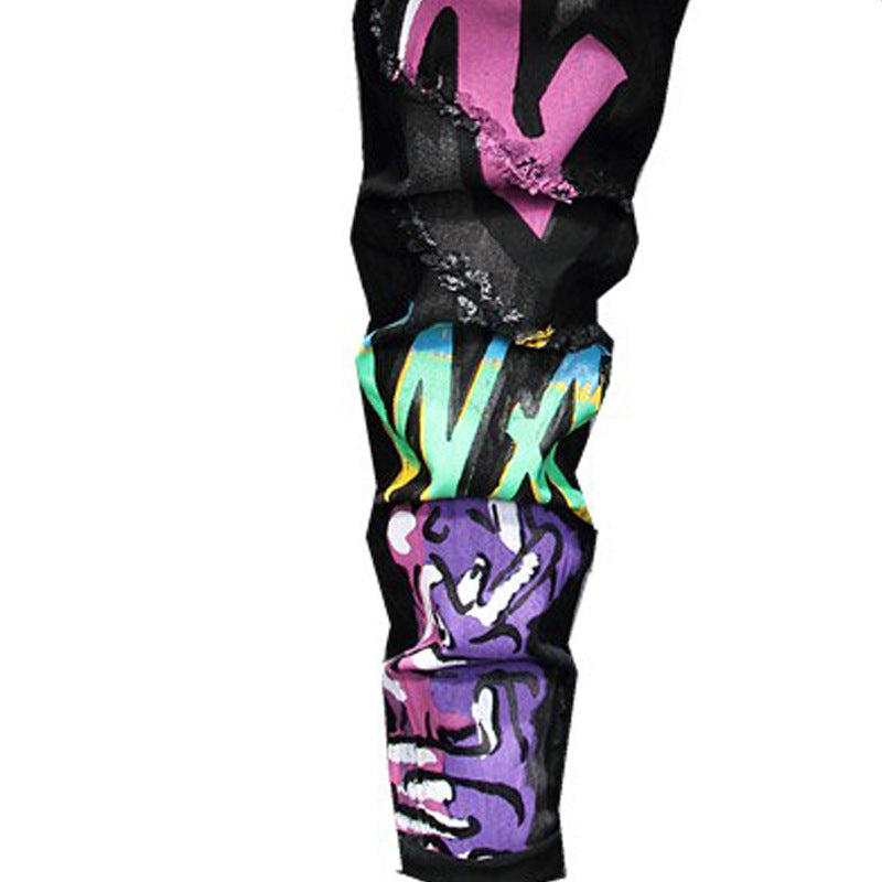 Men’s Urban Slim Fit Black Denim with Vibrant Multi-Color Graphic Art