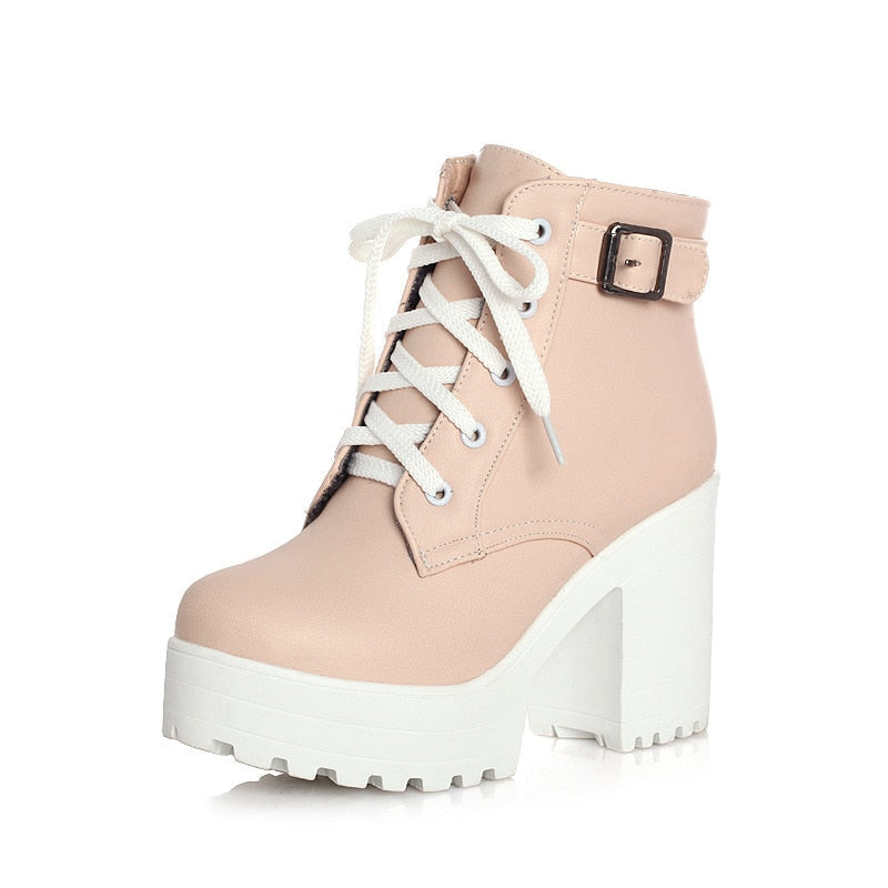 Women's Sponge Cake Chunky Heel Lace-Up Martin Boots