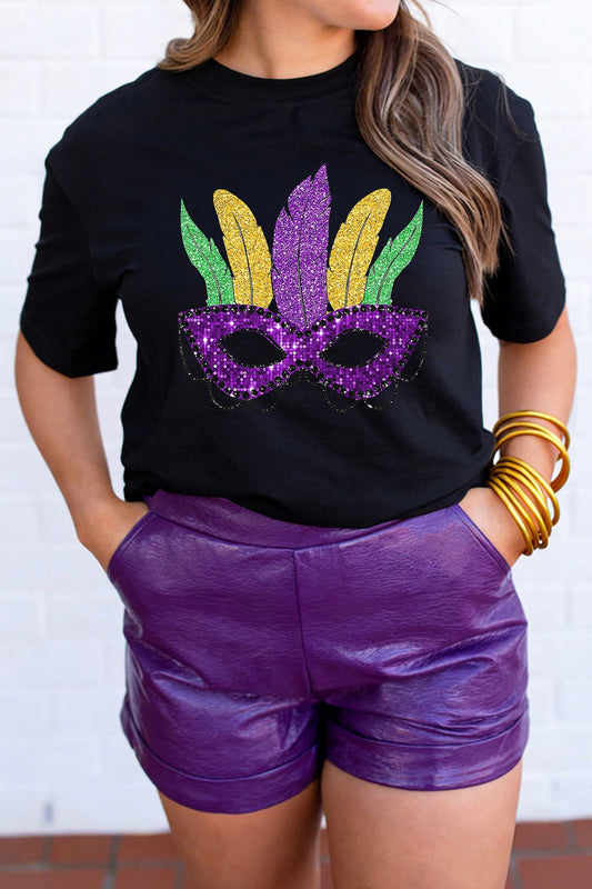 Camiseta con Gráfico de Máscara de Carnaval de Purpurina Negra