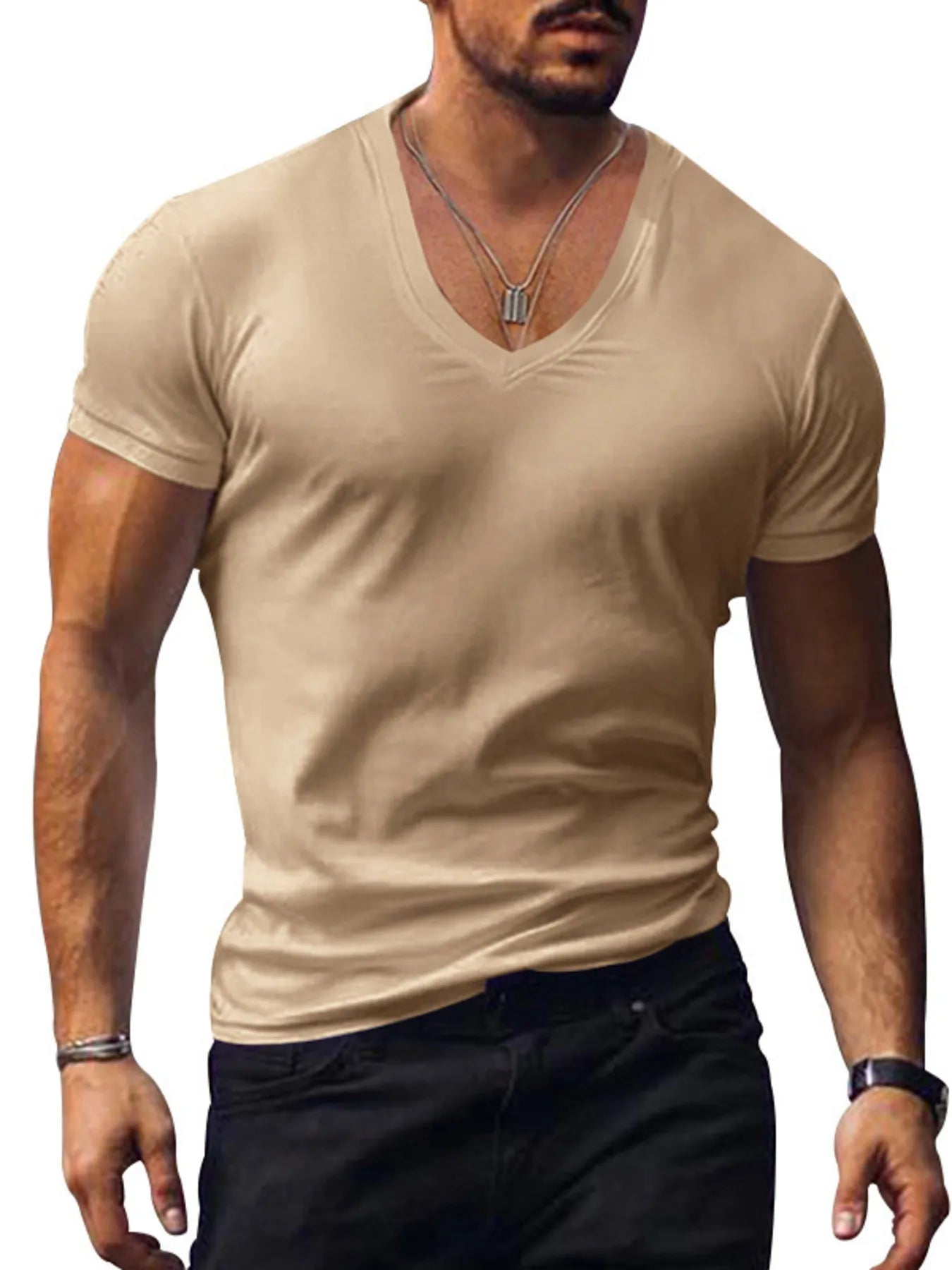 Camiseta de hombre de manga corta y cuello de pico, estilo básico, talla grande