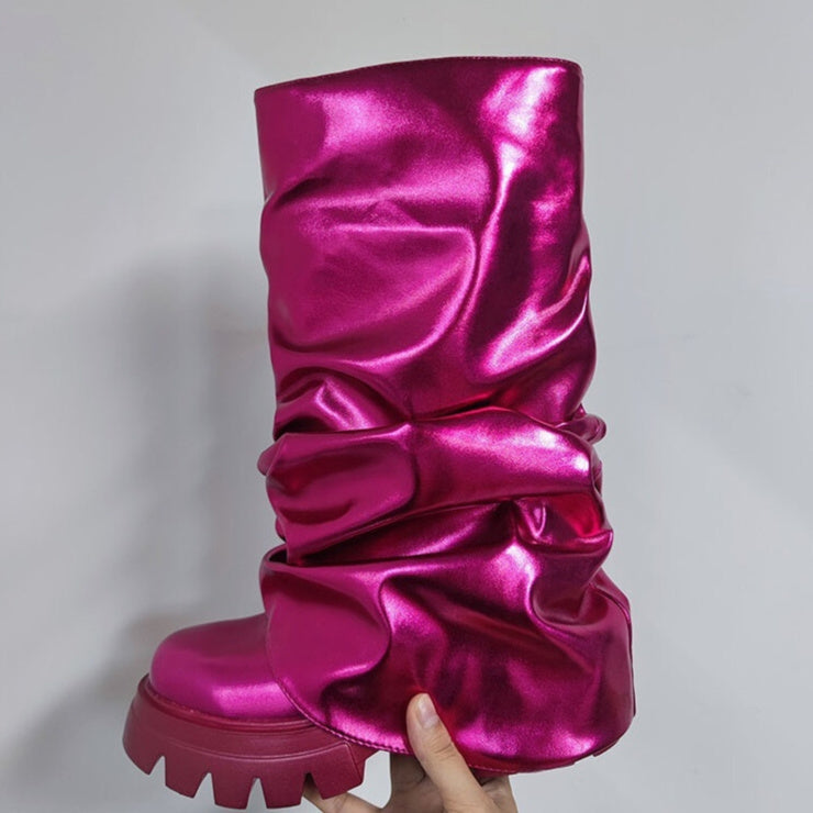 Women's Pleated Round-Toe Mid-Heel Boots