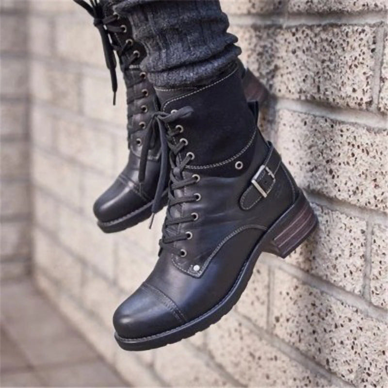 Casual Low-Heeled Round-Toe Lace-Up Ankle Boots