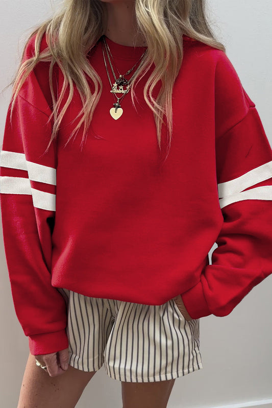 Sudadera Suelta Preppy Rayas Manga Roja Fuego