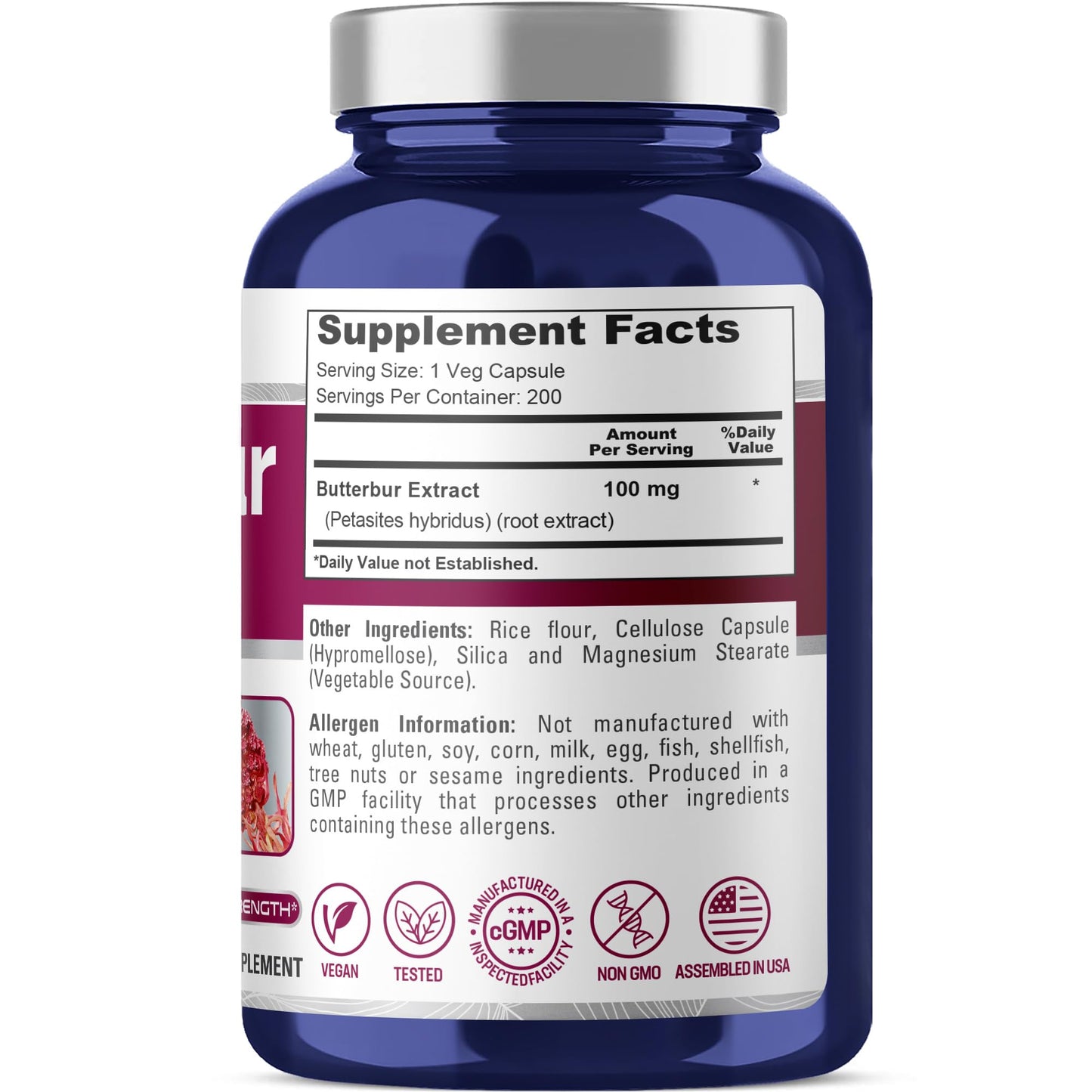 NusaPure Butterbur Extract 100mg per caps 200 Veggie Capsules (Non-GMO, Vegetarian, Vegan)