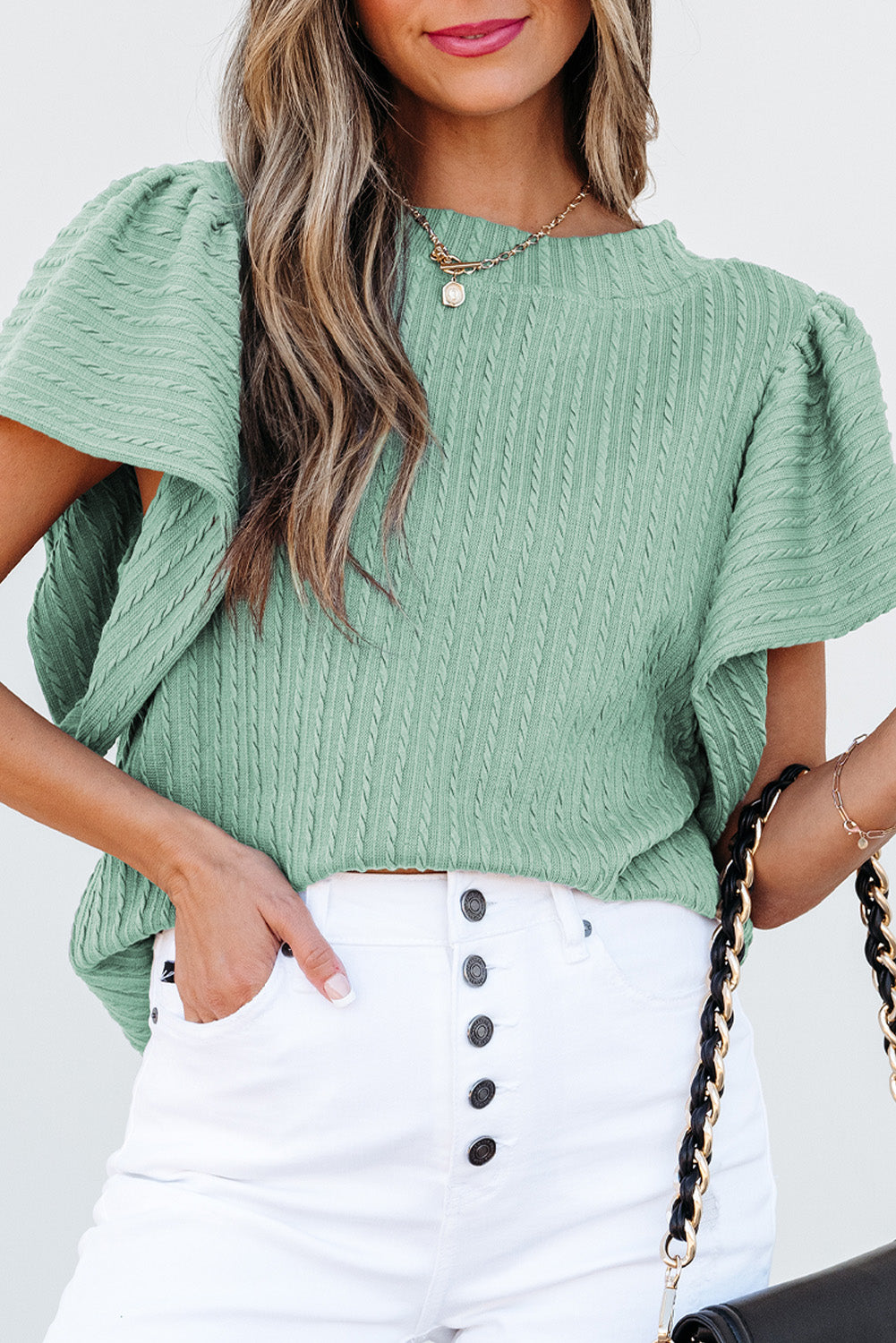 Top Moonlight Jade liso texturizado con manga con volantes
