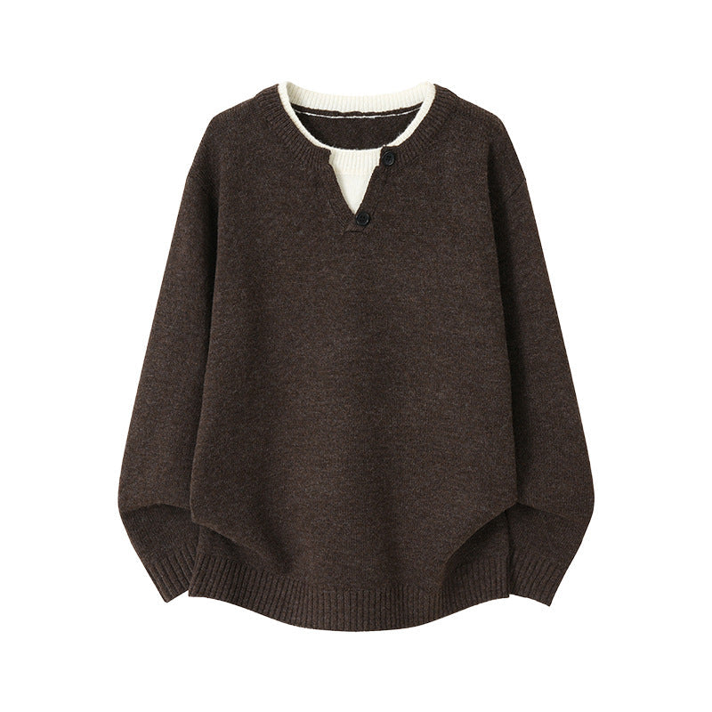 Mens Mock Two-Piece V-Neck Round-Neck Sweater