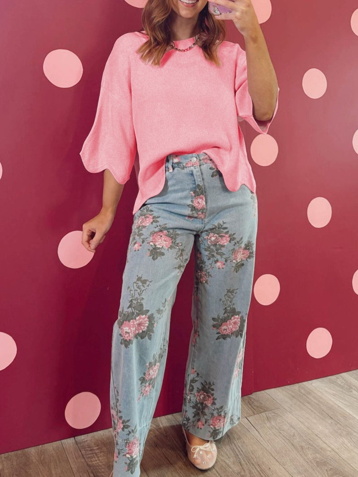 Scalloped Hem 3/4 Sleeve Sweater Top
