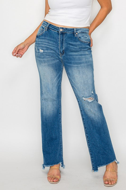 Jeans rectos a la altura de la cadera bytos, con bajo deshilachado y efecto desgastado